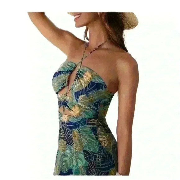 SHEIN VCAY Tropical Print Criss-Cross Strap Open Back Drawstring Thigh Slit M - Picture 2 of 11